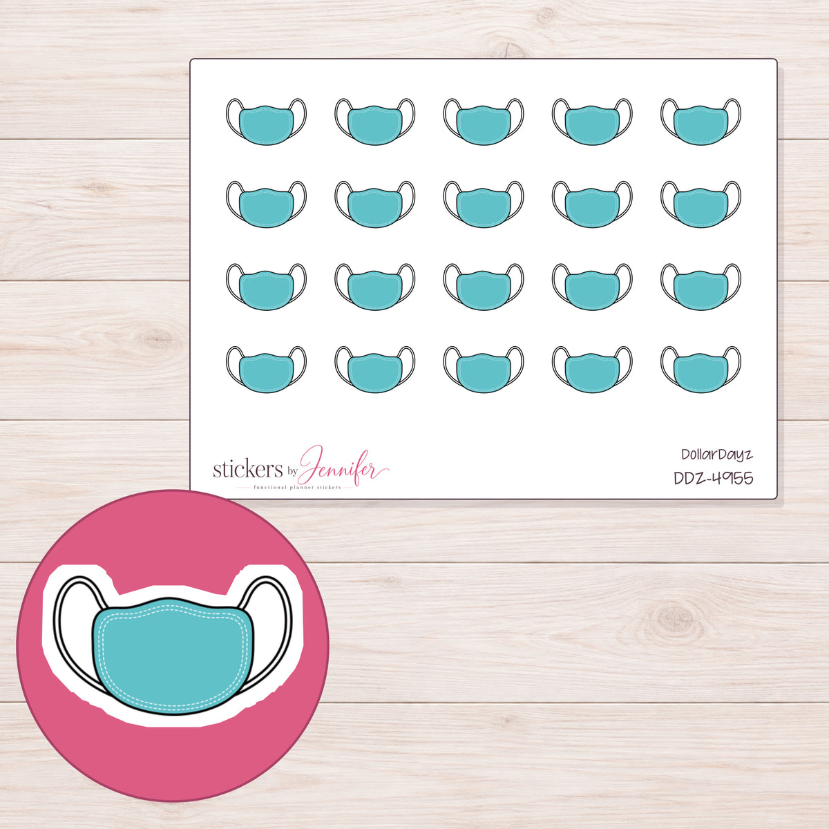 Teal Face Mask Planner Stickers | DDZ-4955 — 4 × 3 inch sheet and enlarged sticker detail