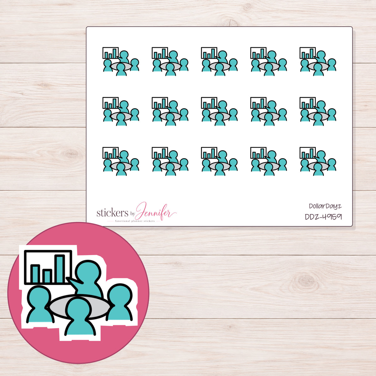 Teal Meeting Group Planner Stickers | DDZ-4959 — 4 × 3 inch sheet and enlarged sticker detail