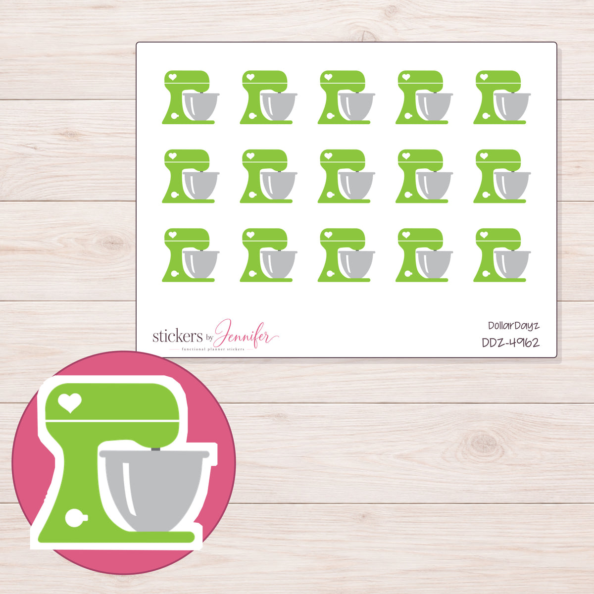 Green Heart Stand Mixer Planner Stickers | DDZ-4962 — 4 × 3 inch sheet and enlarged sticker detail