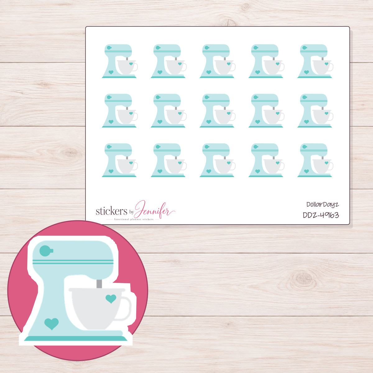 Pale Aqua Heart Stand Mixer Planner Stickers | DDZ-4963 — 4 × 3 inch sheet and enlarged sticker detail