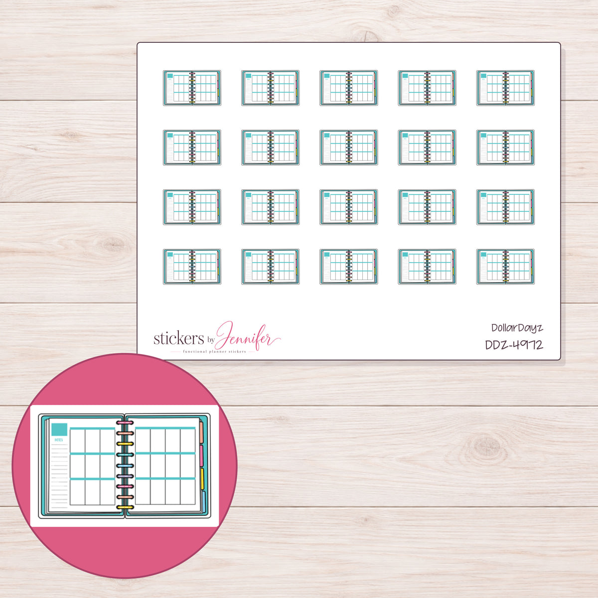 Teal Open Weekly Planner Stickers | DDZ-4972 — 4 × 3 inch sheet and enlarged sticker detail