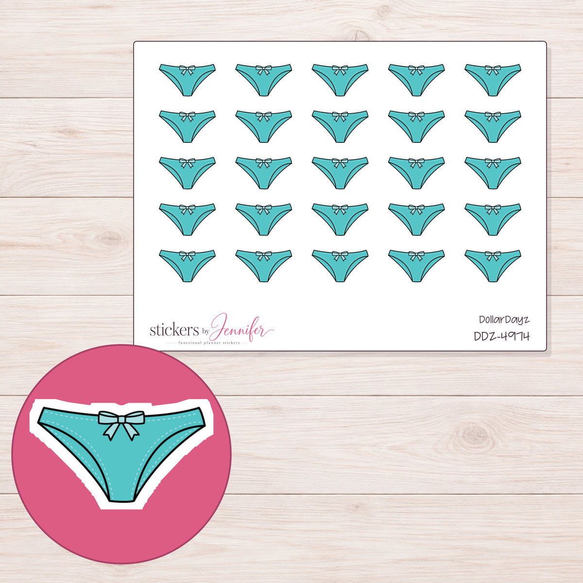 Teal Bow Underwear Planner Stickers | DDZ-4974 — 4 × 3 inch sheet and enlarged sticker detail