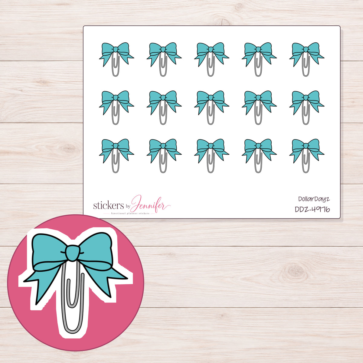 Teal Bow Paper Clip Planner Stickers | DDZ-4976 — 4 × 3 inch sheet and enlarged sticker detail