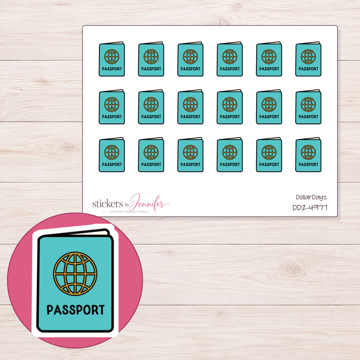 Teal Passport Planner Stickers | DDZ-4977 — 4 × 3 inch sheet and enlarged sticker detail