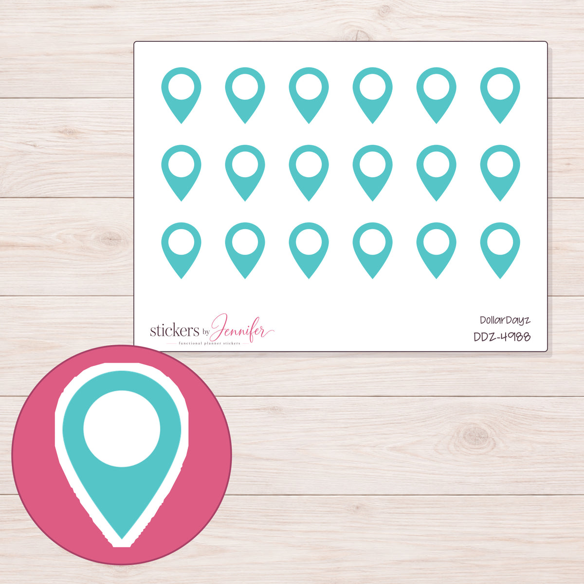 Teal Location Pin Planner Stickers | DDZ-4988 — 4 × 3 inch sheet and enlarged sticker detail