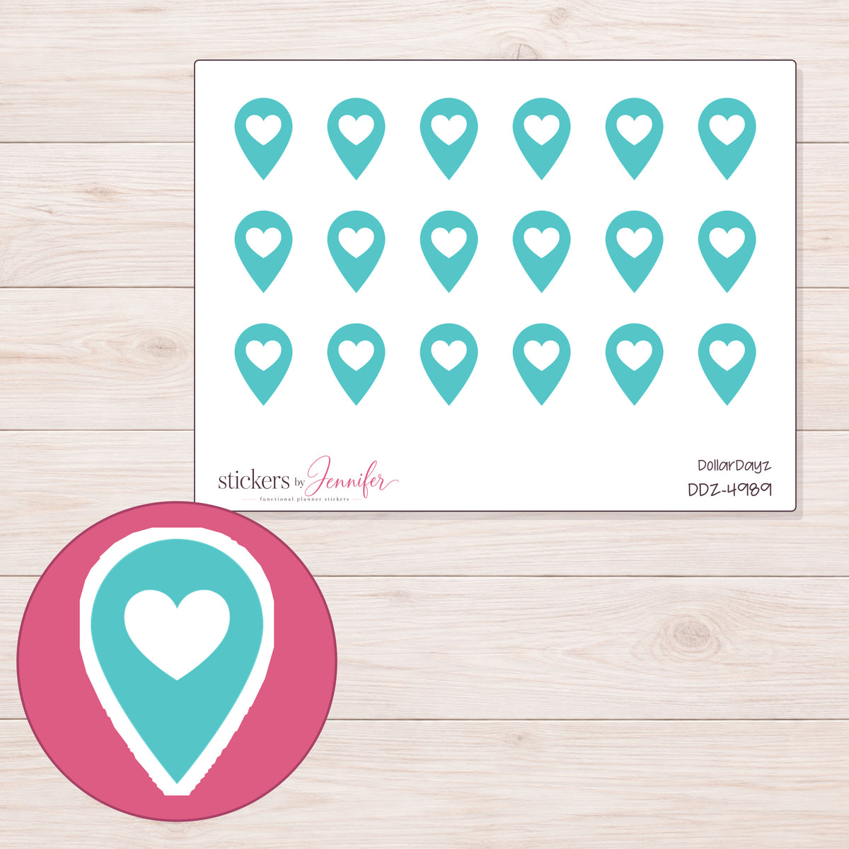 Teal Heart Location Pin Planner Stickers | DDZ-4989 — 4 × 3 inch sheet and enlarged sticker detail