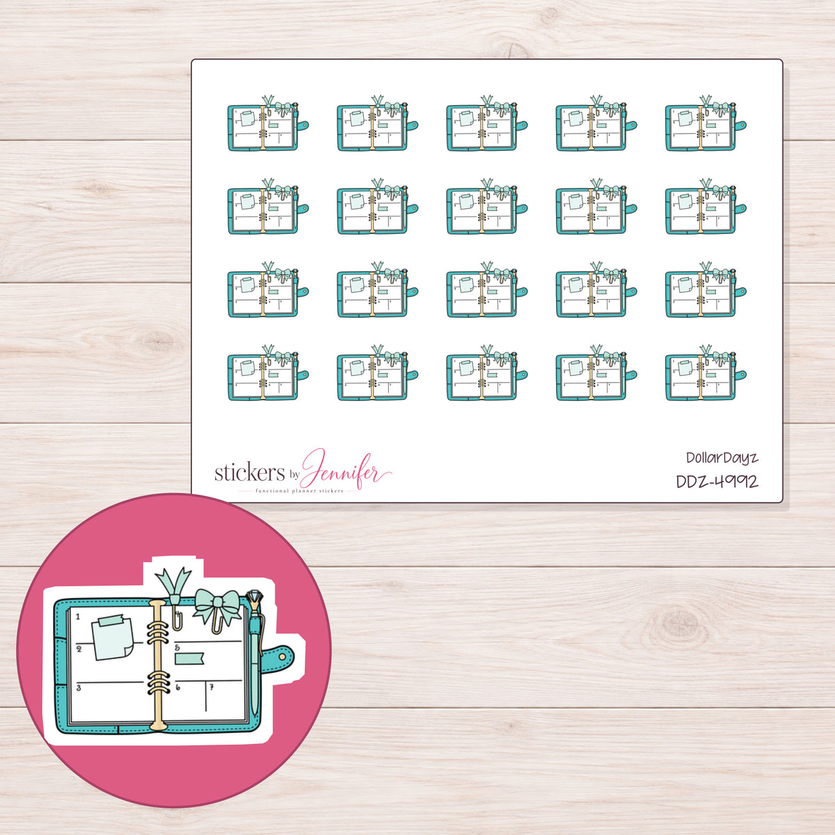 Teal Decorated Ring Planner Stickers | DDZ-4992 — 4 × 3 inch sheet and enlarged sticker detail