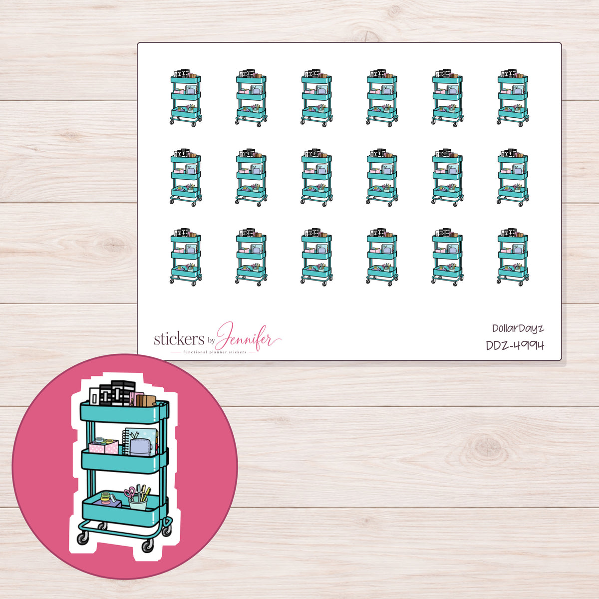 Teal Planner Supply Cart Planner Stickers | DDZ-4994 — 4 × 3 inch sheet and enlarged sticker detail