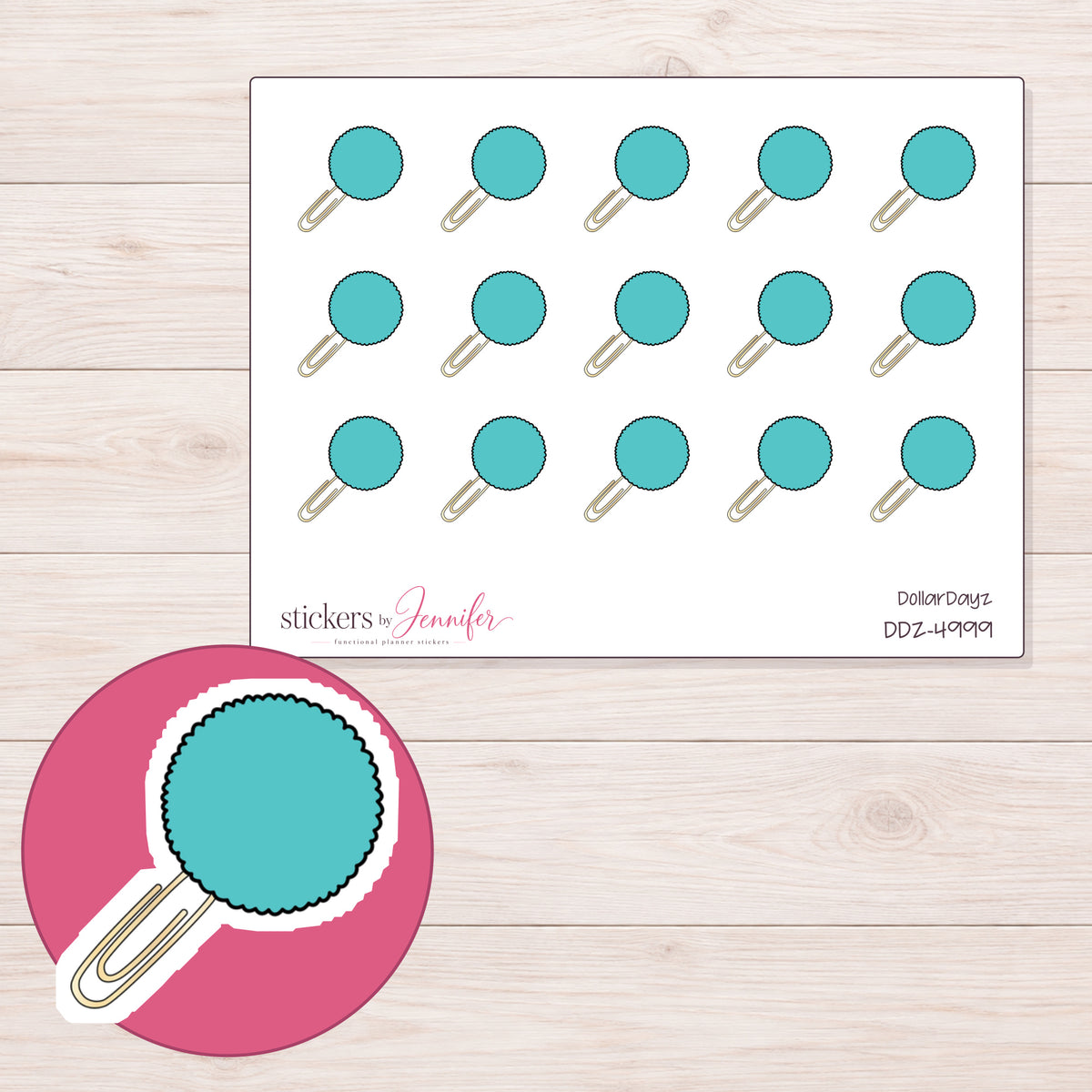Teal Pom Pom Paper Clip Planner Stickers | DDZ-4999 — 4 × 3 inch sheet and enlarged sticker detail