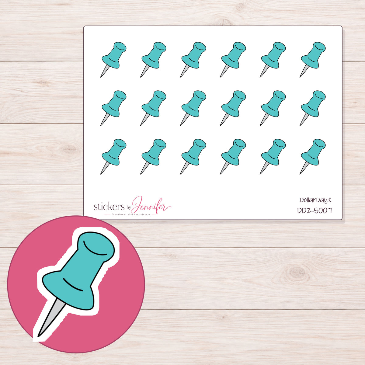 Teal Push Pin Planner Stickers | DDZ-5007 — 4 × 3 inch sheet and enlarged sticker detail