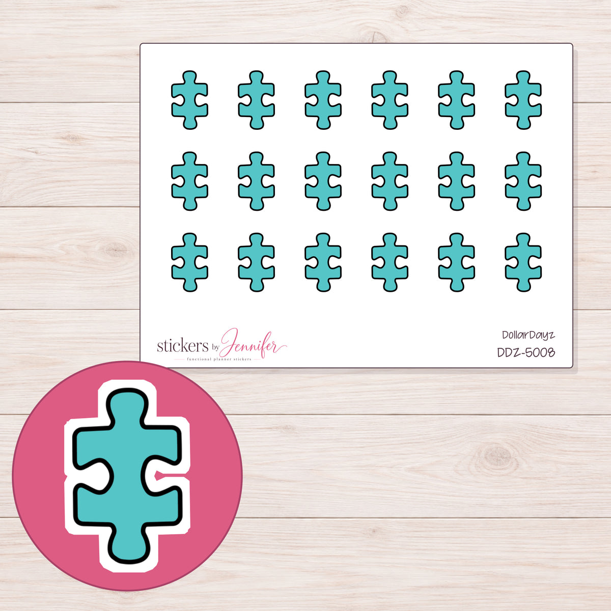 Teal Puzzle Piece Planner Stickers | DDZ-5008 — 4 × 3 inch sheet and enlarged sticker detail