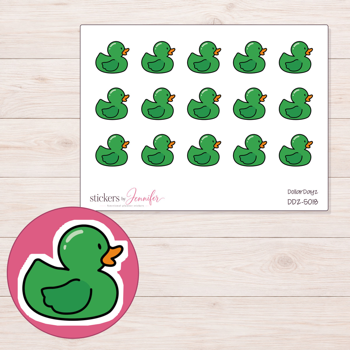 Green Rubber Duck Planner Stickers | DDZ-5018 — 4 × 3 inch sheet and enlarged sticker detail