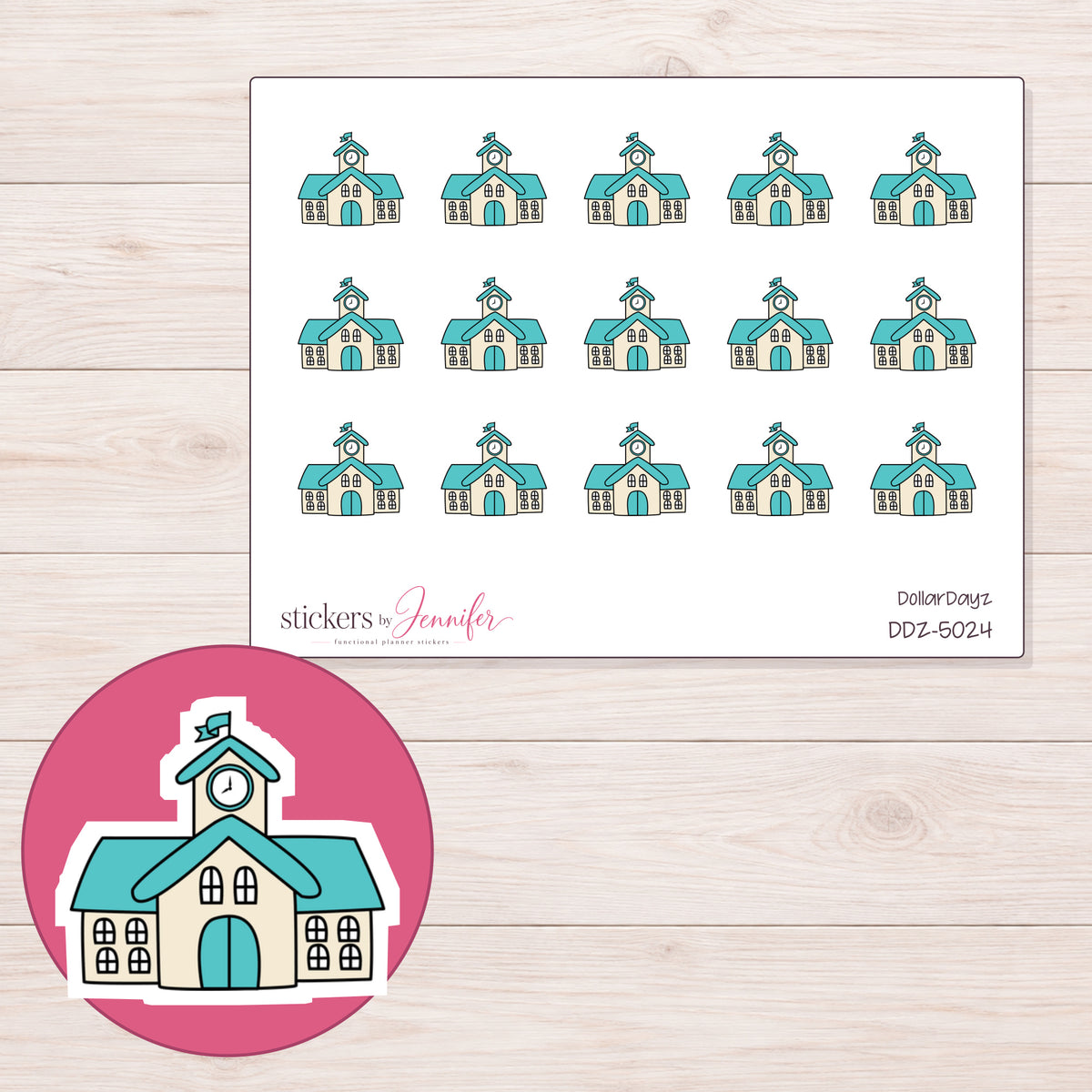 Teal Roof School Planner Stickers | DDZ-5024 — 4 × 3 inch sheet and enlarged sticker detail
