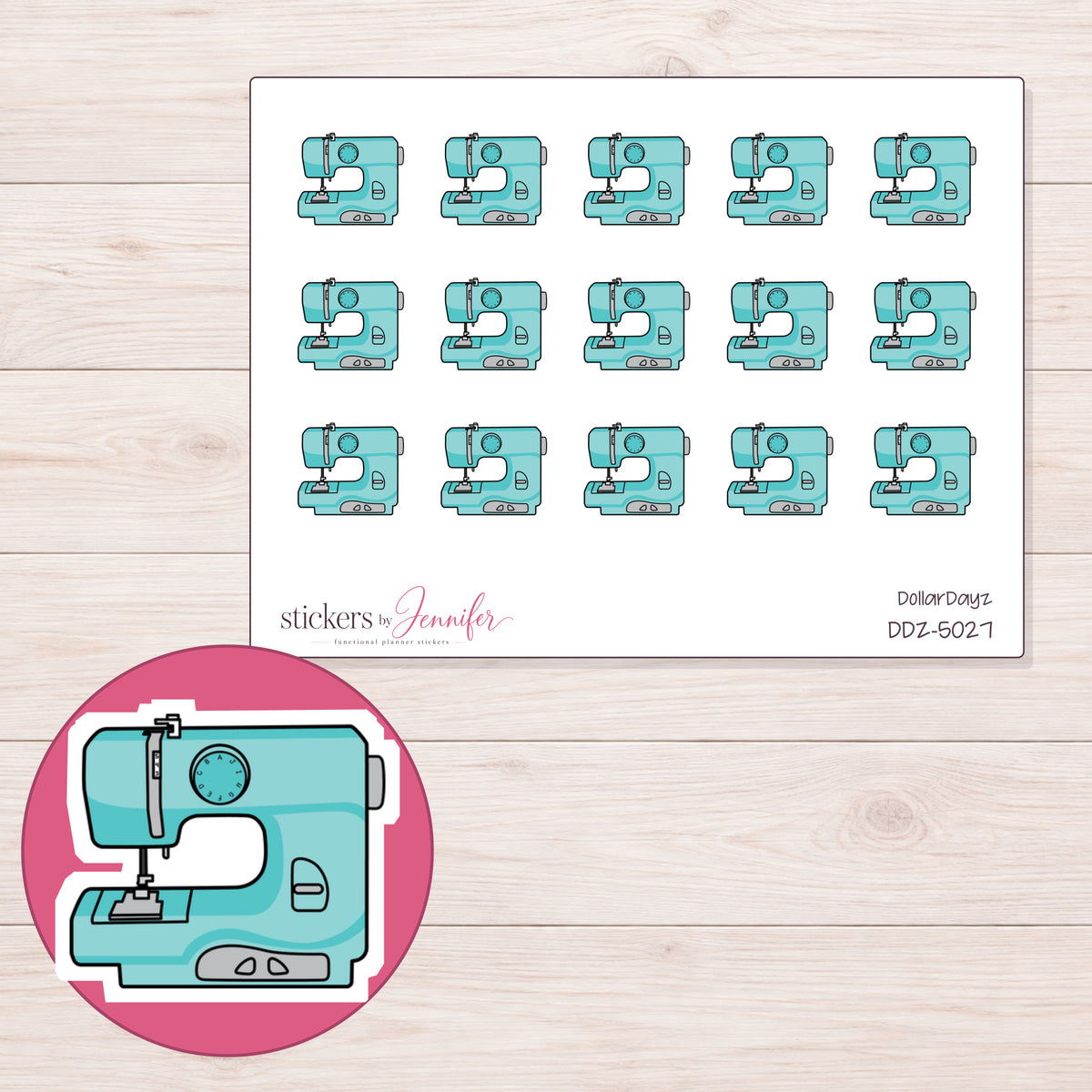 Teal Sewing Machine Planner Stickers | DDZ-5027 — 4 × 3 inch sheet and enlarged sticker detail