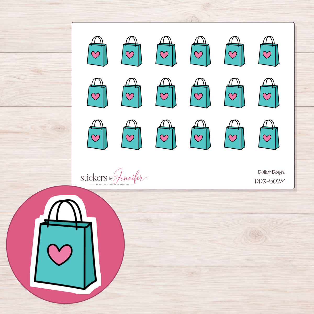 Teal Heart Shopping Bag Planner Stickers | DDZ-5029 — 4 × 3 inch sheet and enlarged sticker detail