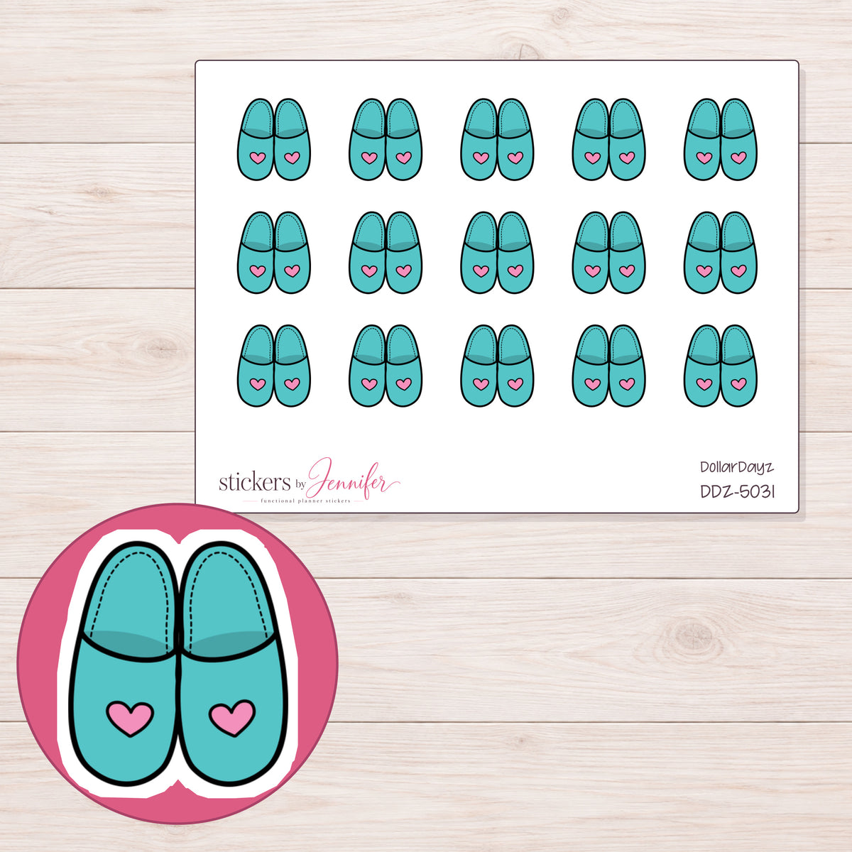 Teal Heart Slippers Planner Stickers | DDZ-5031 — 4 × 3 inch sheet and enlarged sticker detail