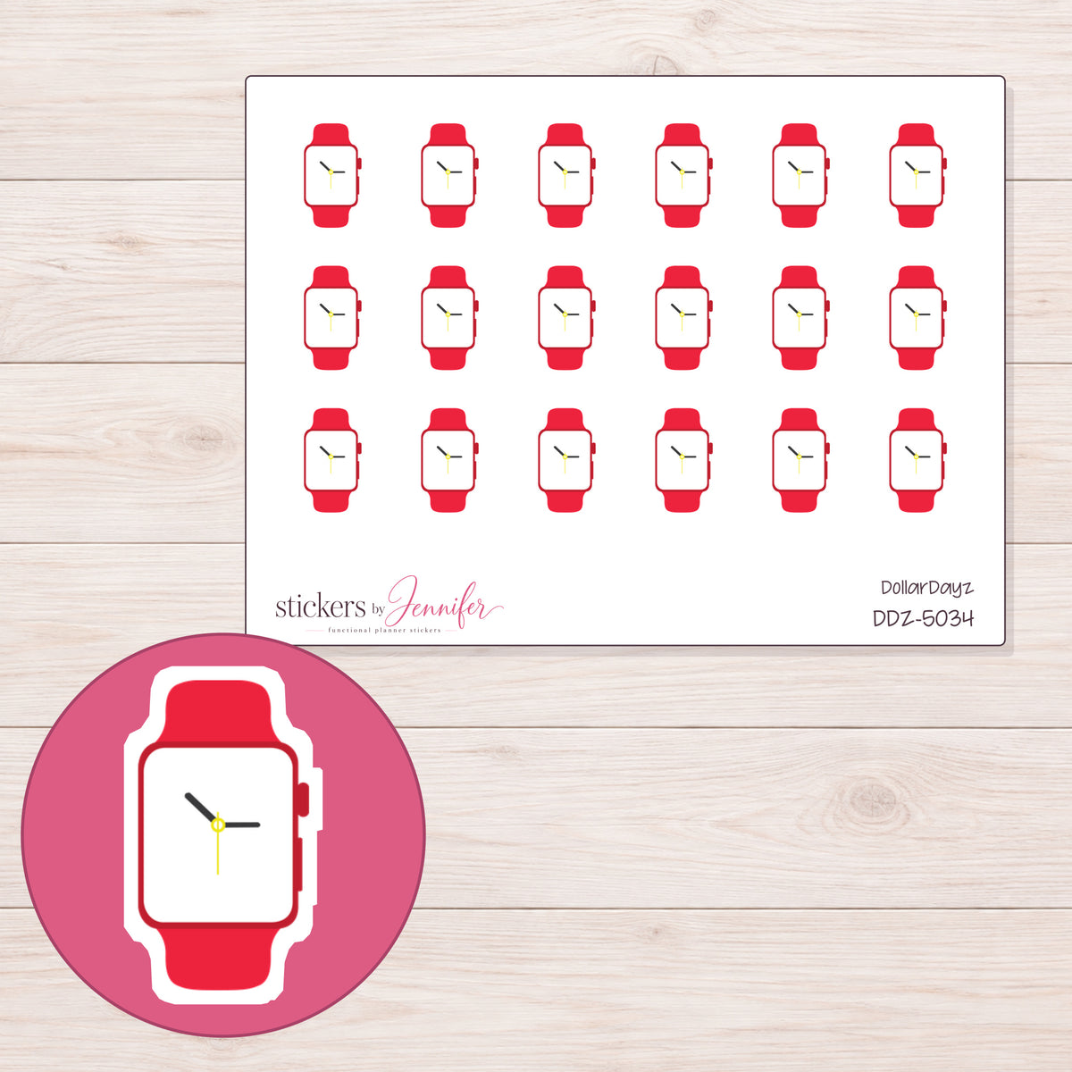 Red Band Wristwatch Planner Stickers | DDZ-5034 — 4 × 3 inch sheet and enlarged sticker detail
