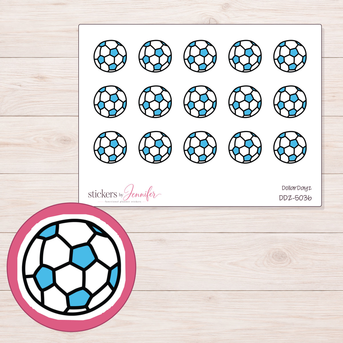 Blue and White Soccer Ball Planner Stickers | DDZ-5036 — 4 × 3 inch sheet and enlarged sticker detail