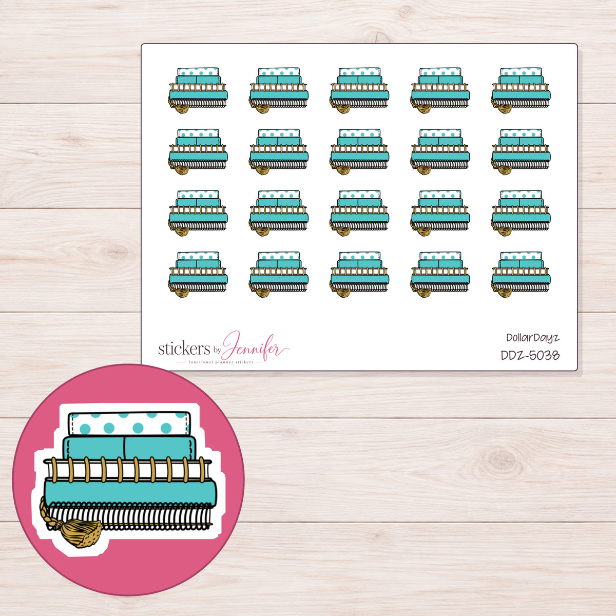 Stack of Teal Notebooks Planner Stickers | DDZ-5038 — 4 × 3 inch sheet and enlarged sticker detail