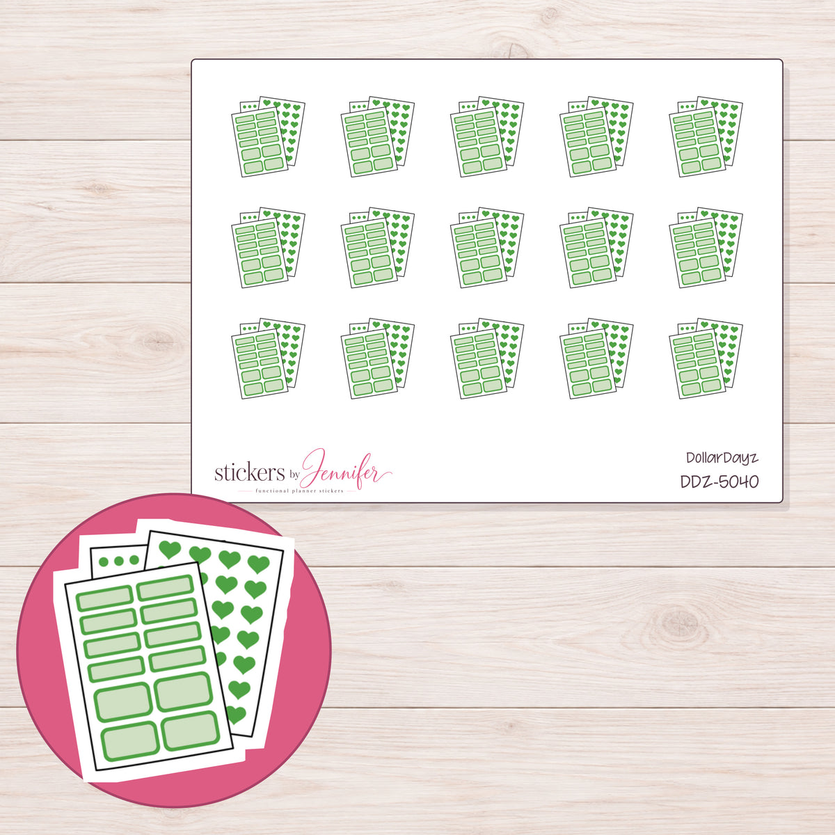 Green Planner Sticker Sheets Planner Stickers | DDZ-5040 — 4 × 3 inch sheet and enlarged sticker detail