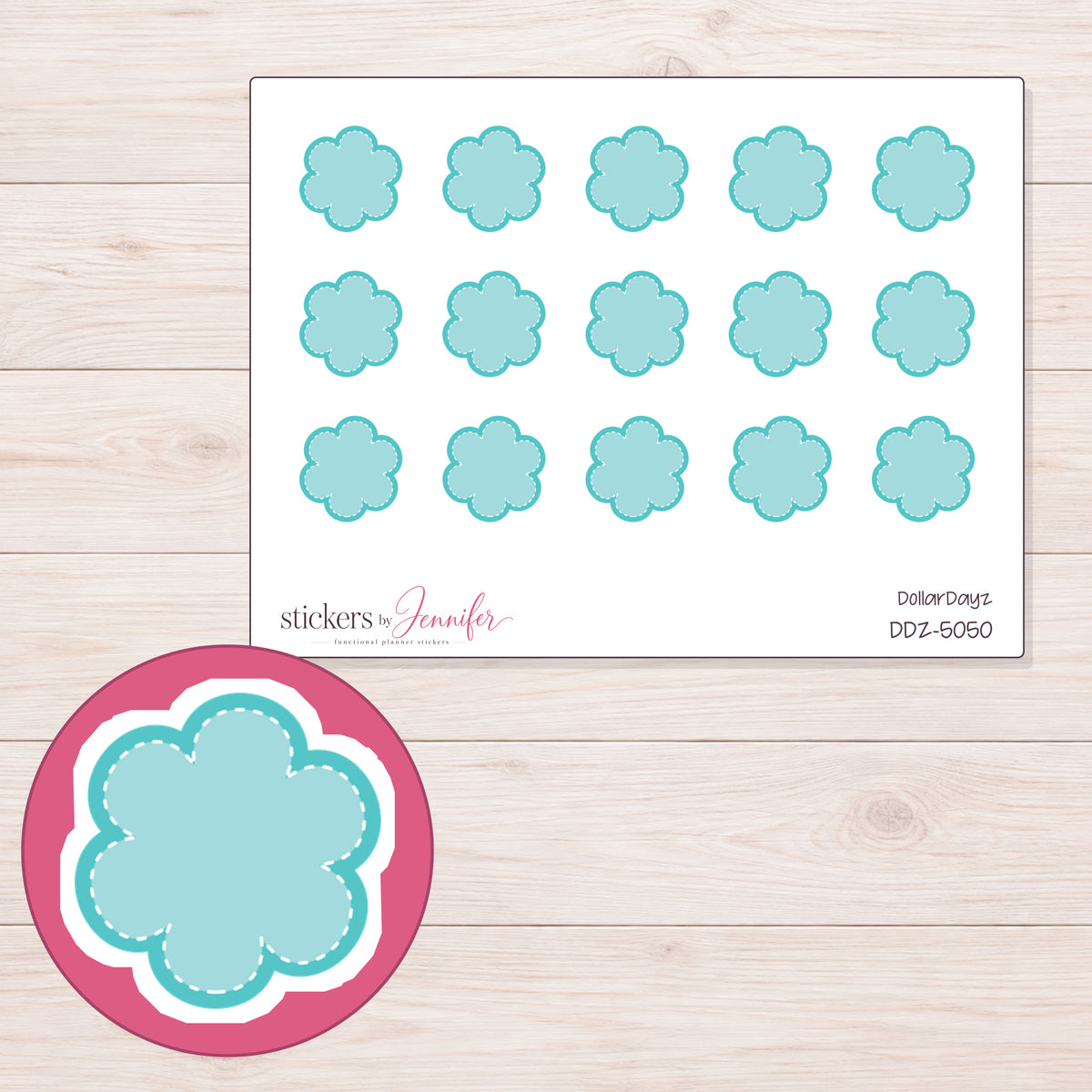 Pale Teal Scalloped Label Planner Stickers | DDZ-5050 — 4 × 3 inch sheet and enlarged sticker detail