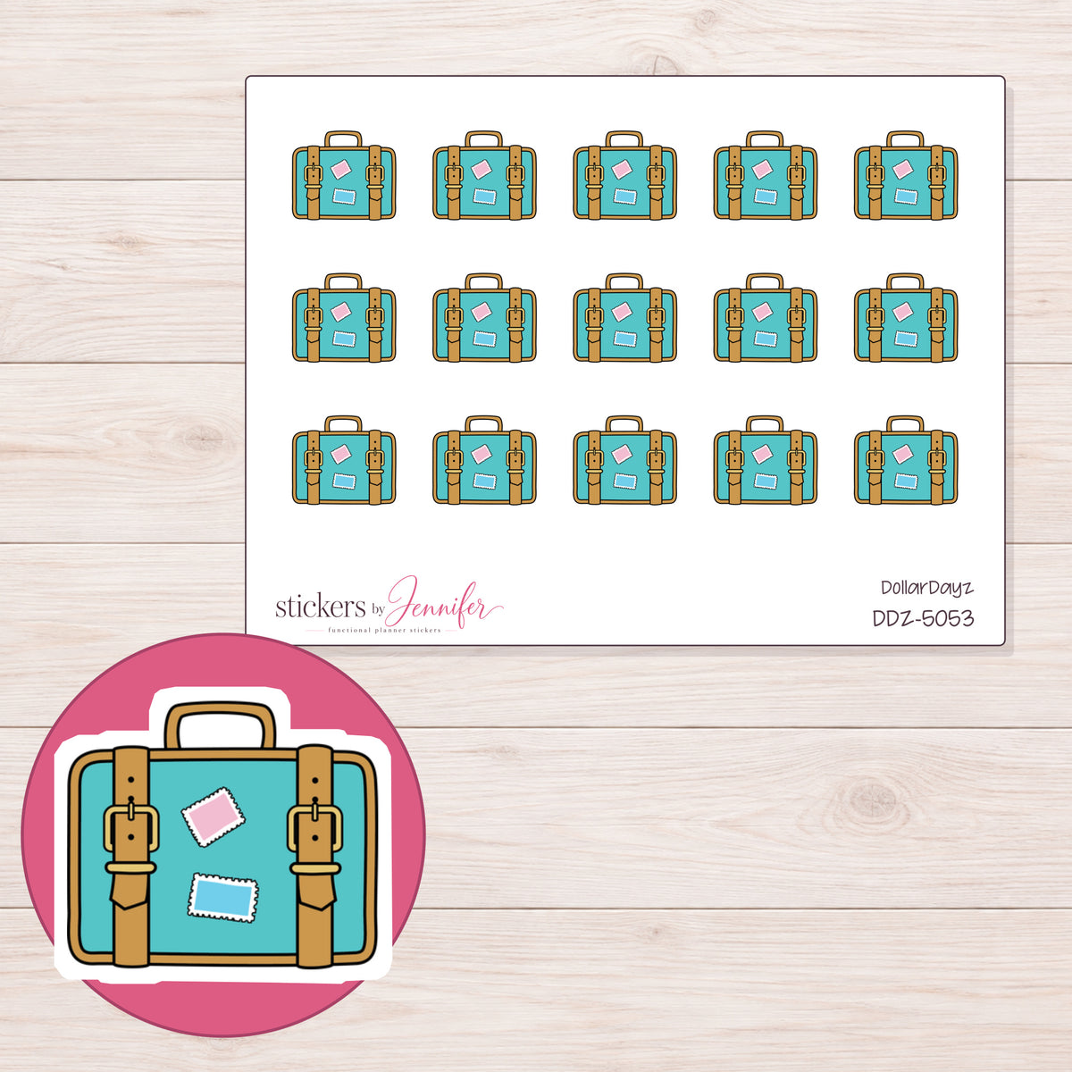 Teal Travel Suitcase Planner Stickers | DDZ-5053 — 4 × 3 inch sheet and enlarged sticker detail