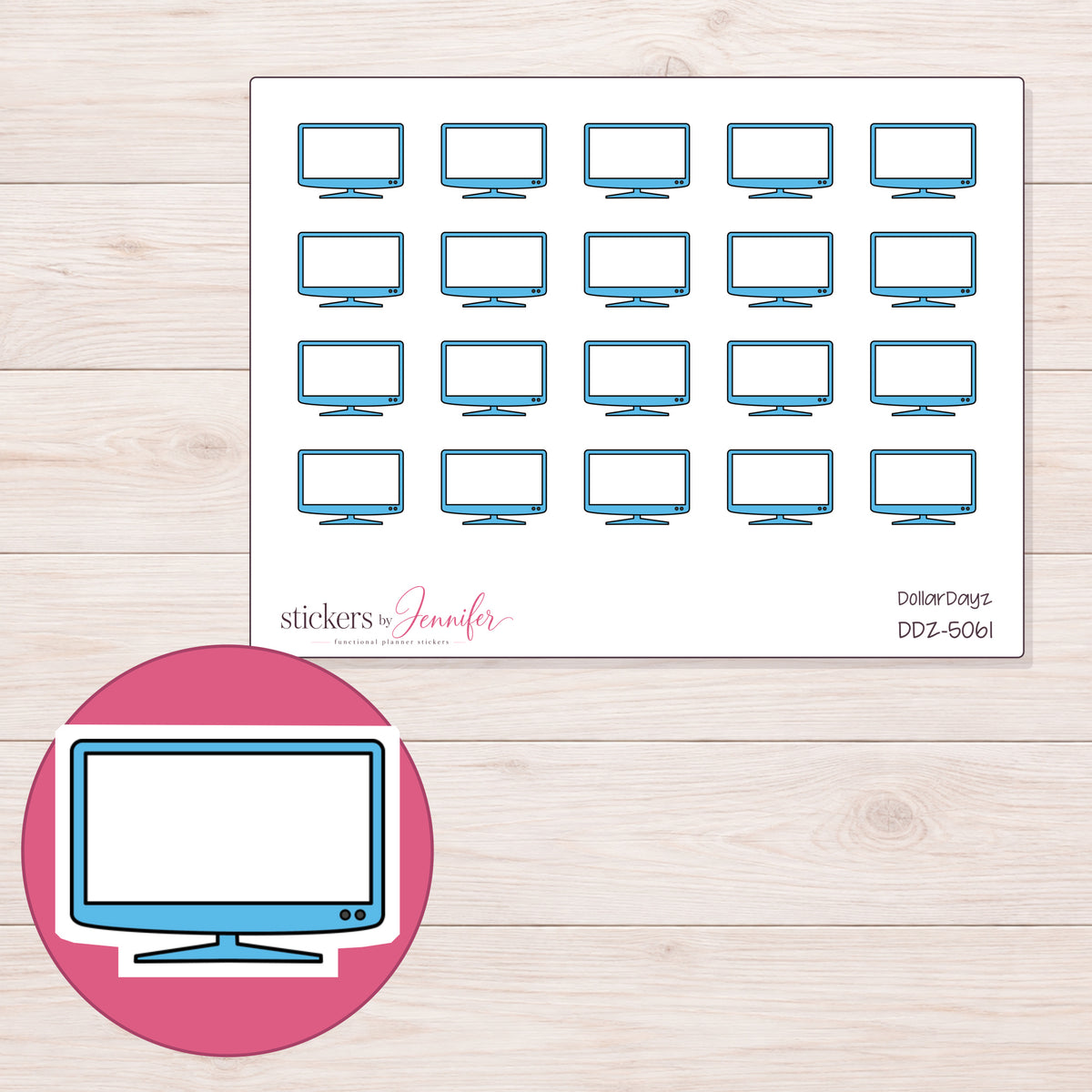 Blue Flat Screen Television Planner Stickers | DDZ-5061 — 4 × 3 inch sheet and enlarged sticker detail