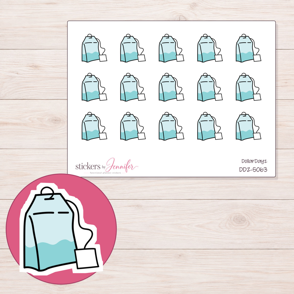 Teal Tea Bag Planner Stickers | DDZ-5063 — 4 × 3 inch sheet and enlarged sticker detail