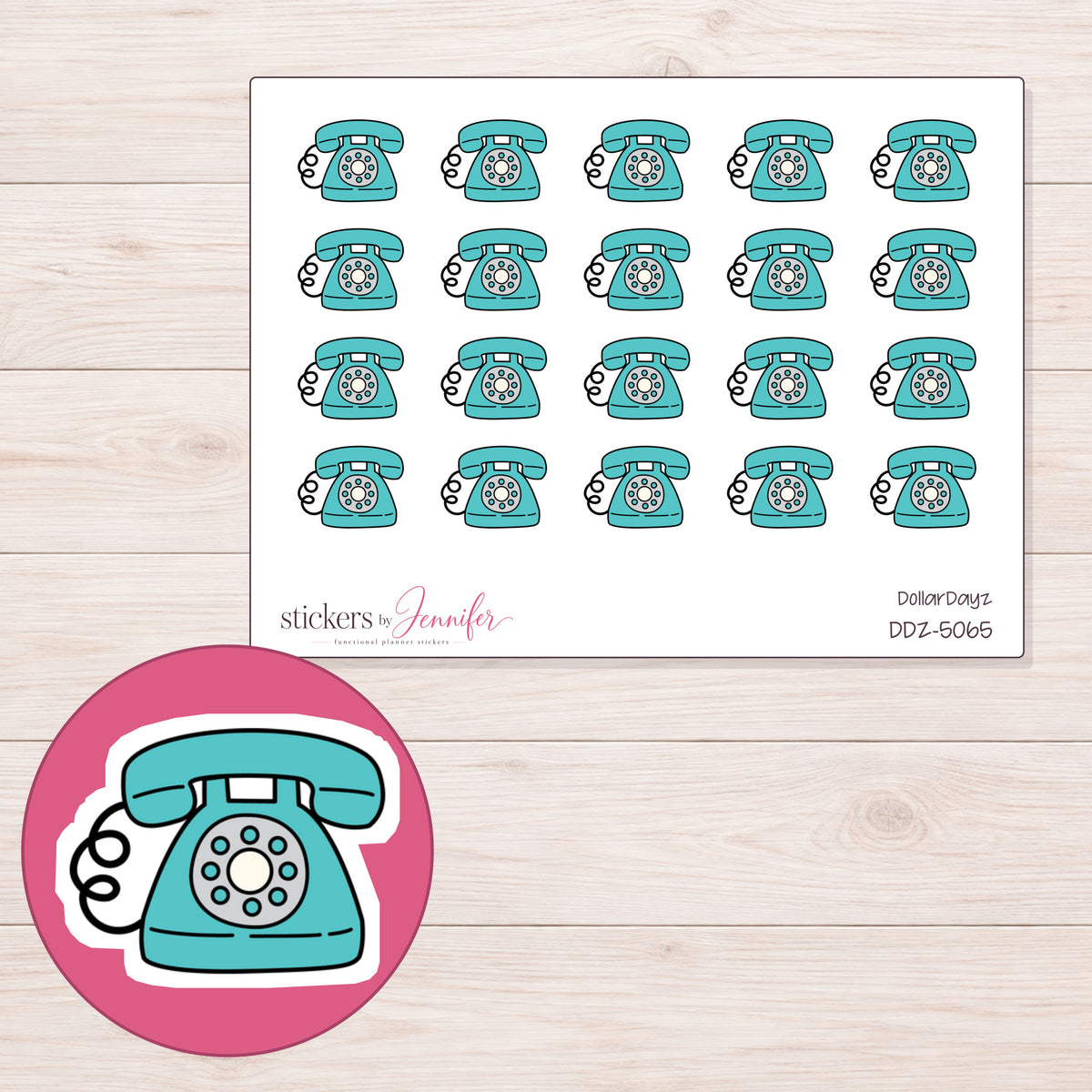 Teal Rotary Telephone Planner Stickers | DDZ-5065 — 4 × 3 inch sheet and enlarged sticker detail