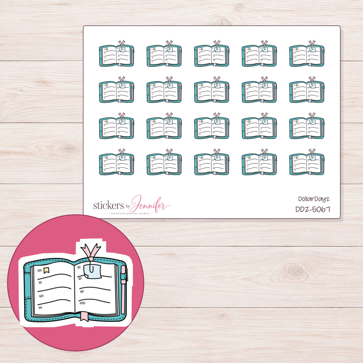 Open Planner with Bow Clip Planner Stickers | DDZ-5067 — 4 × 3 inch sheet and enlarged sticker detail