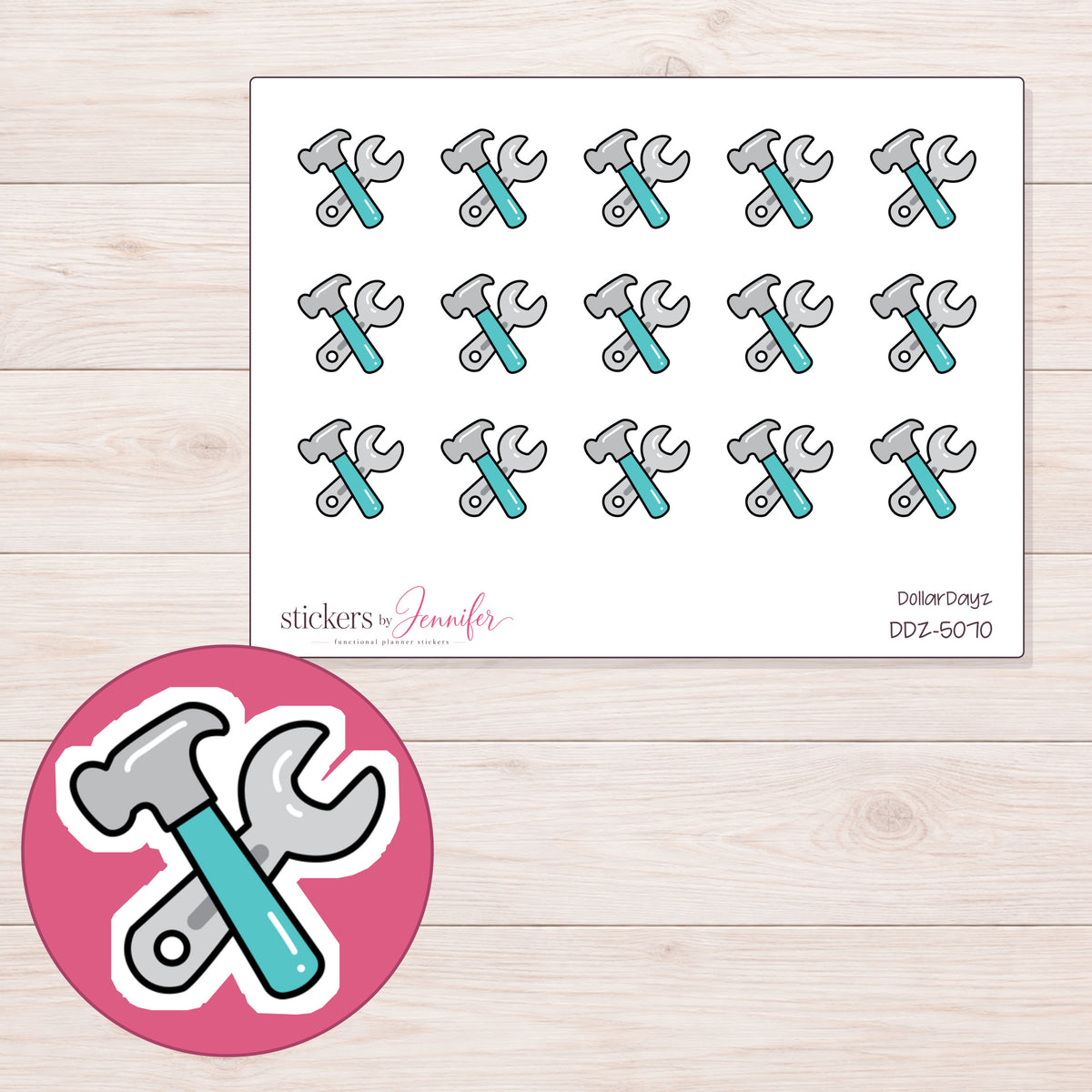 Hammer and Wrench Planner Stickers | DDZ-5070 — 4 × 3 inch sheet and enlarged sticker detail