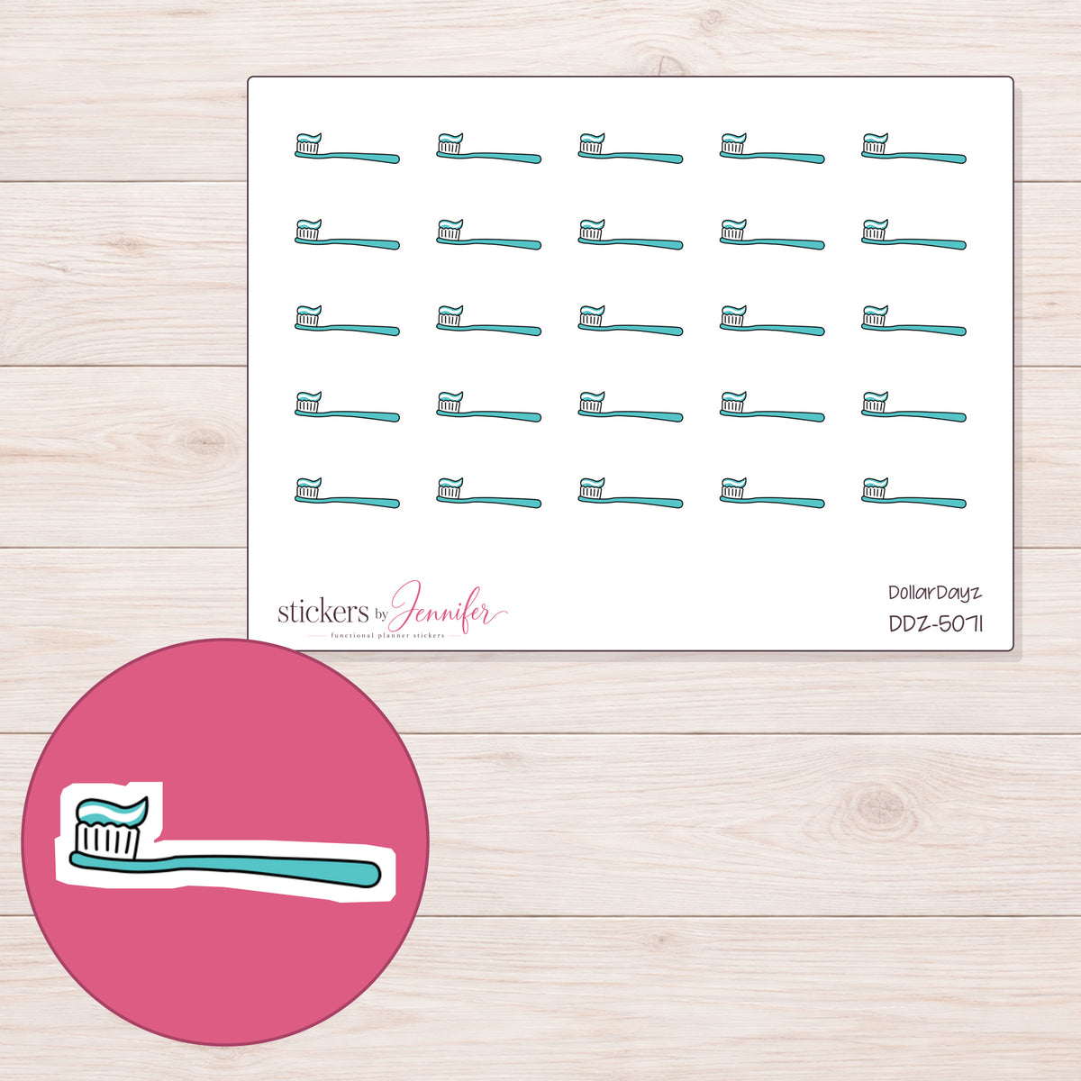 Teal Toothbrush Planner Stickers | DDZ-5071 — 4 × 3 inch sheet and enlarged sticker detail