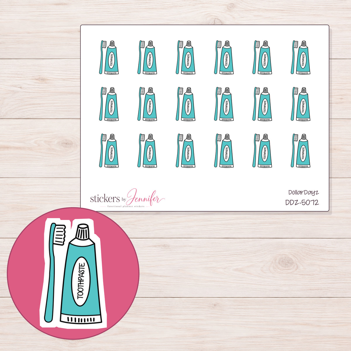 Teal Toothpaste and Brush Planner Stickers | DDZ-5072 — 4 × 3 inch sheet and enlarged sticker detail