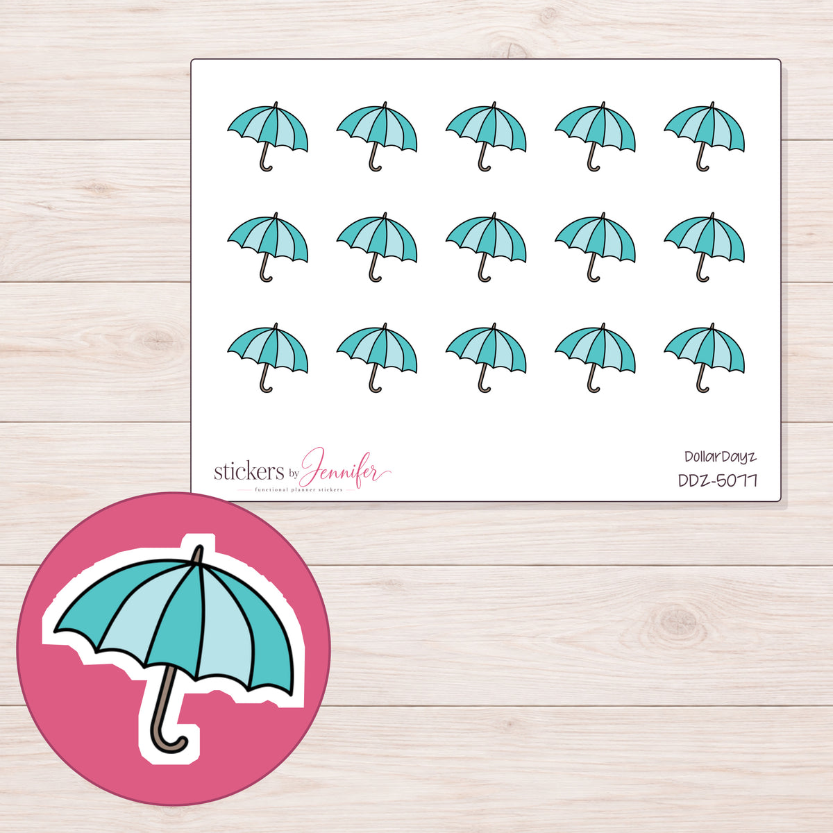 Teal Umbrella Planner Stickers | DDZ-5077 — 4 × 3 inch sheet and enlarged sticker detail