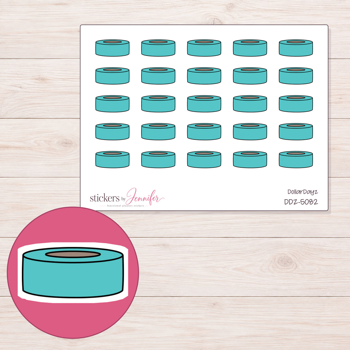 Plain Teal Washi Roll Planner Stickers | DDZ-5082 — 4 × 3 inch sheet and enlarged sticker detail