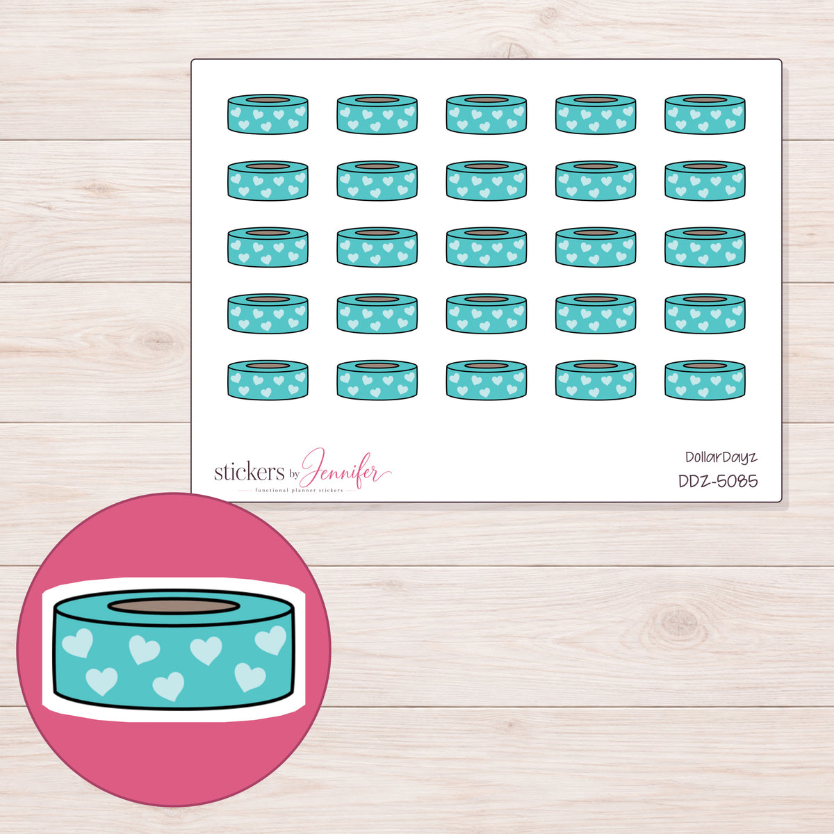 Teal Heart Washi Roll Planner Stickers | DDZ-5085 — 4 × 3 inch sheet and enlarged sticker detail
