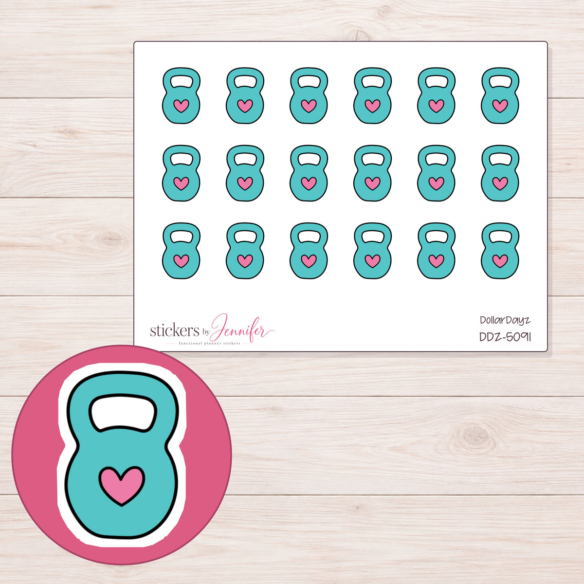 Teal Heart Kettlebell Planner Stickers | DDZ-5091 — 4 × 3 inch sheet and enlarged sticker detail