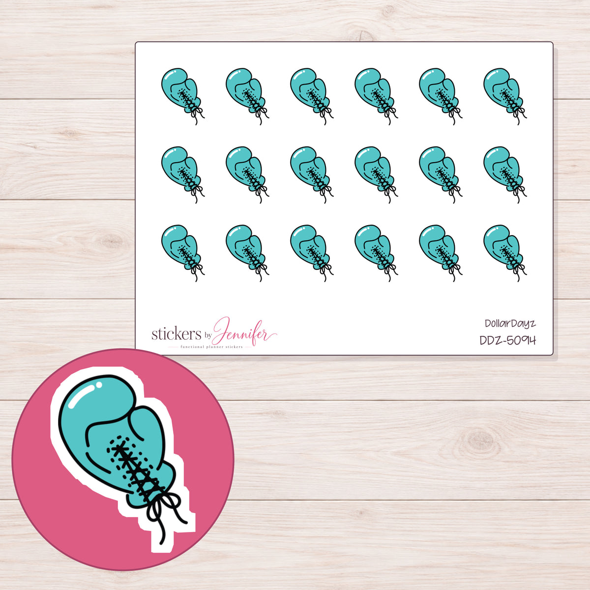 Teal Boxing Glove Planner Stickers | DDZ-5094 — 4 × 3 inch sheet and enlarged sticker detail