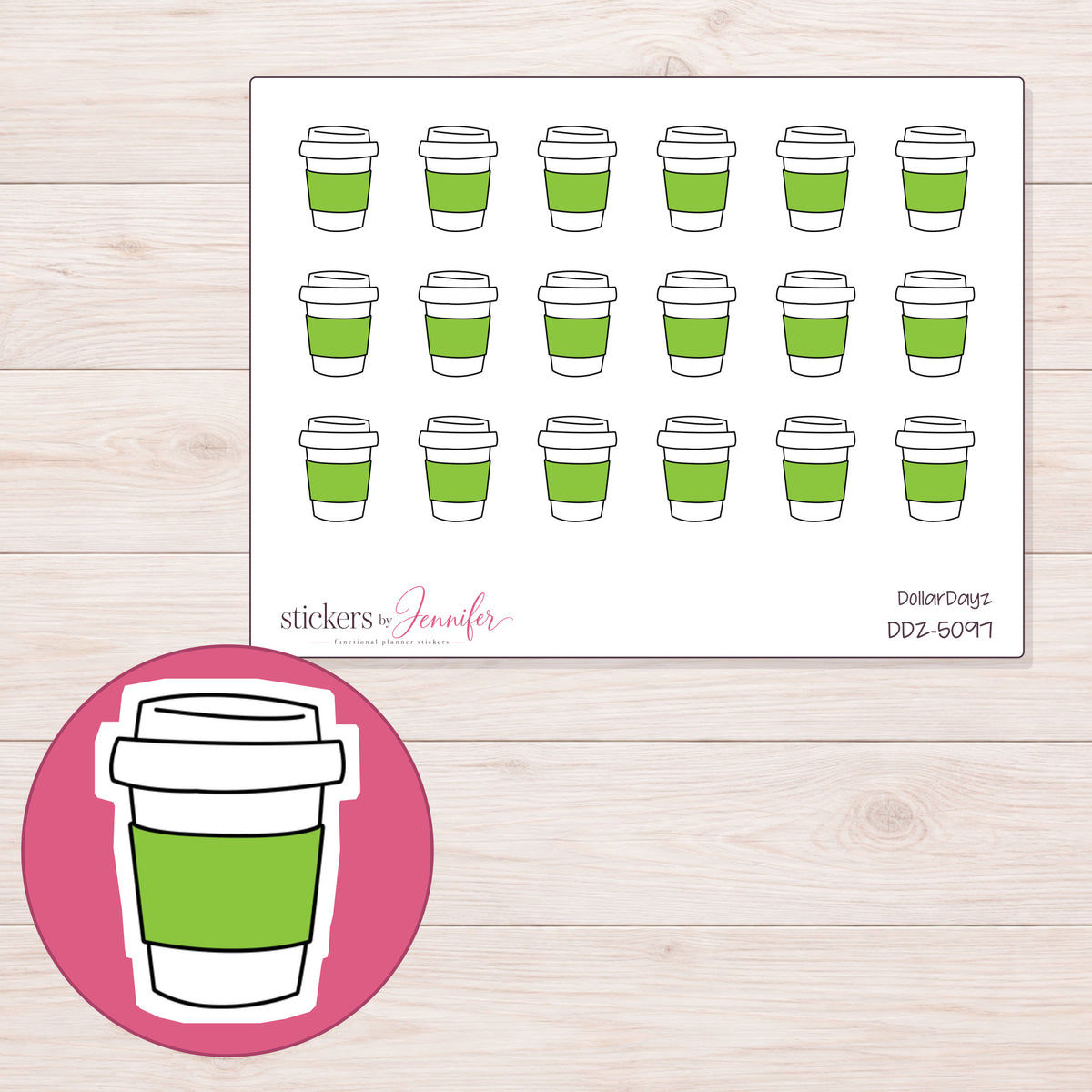 Green Sleeve Coffee Cup Planner Stickers | DDZ-5097 — 4 × 3 inch sheet and enlarged sticker detail