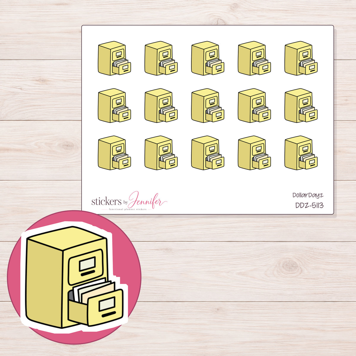 Yellow Filing Cabinet Planner Stickers | DDZ-5113 — 4 × 3 inch sheet and enlarged sticker detail