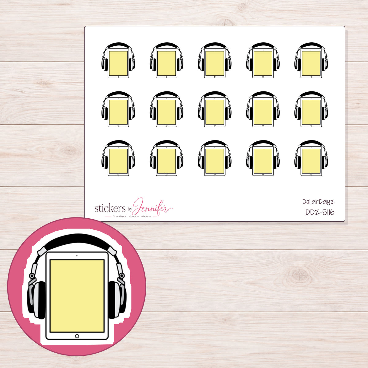 Yellow Audiobook Player Planner Stickers | DDZ-5116 — 4 × 3 inch sheet and enlarged sticker detail