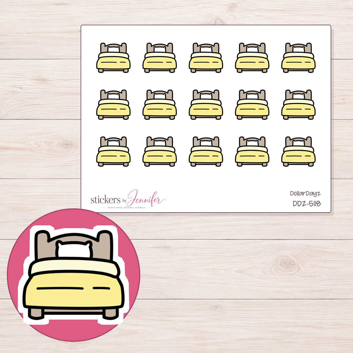 Yellow Single Bed Planner Stickers | DDZ-5118 — 4 × 3 inch sheet and enlarged sticker detail