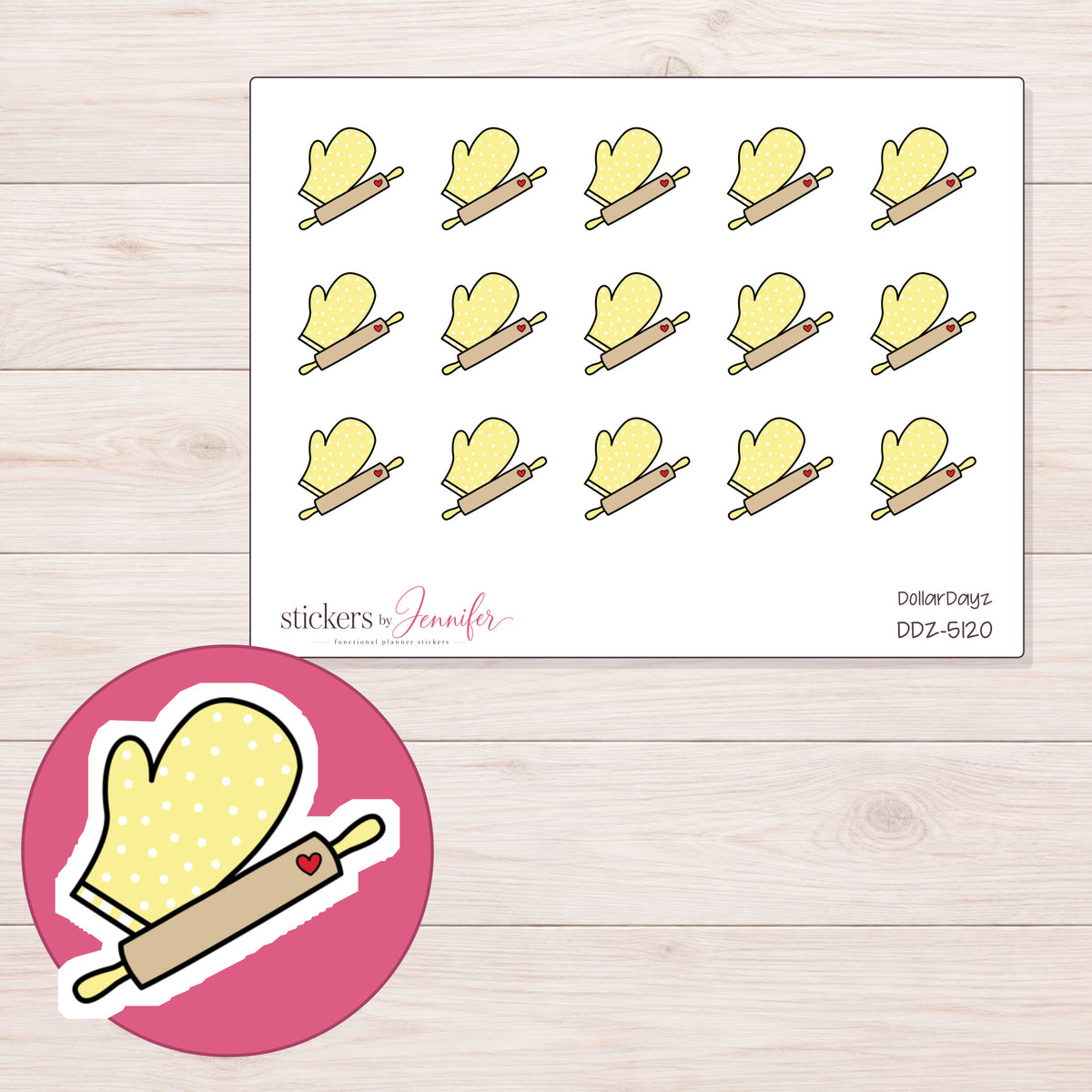 Yellow Oven Mitt and Rolling Pin Planner Stickers | DDZ-5120 — 4 × 3 inch sheet and enlarged sticker detail