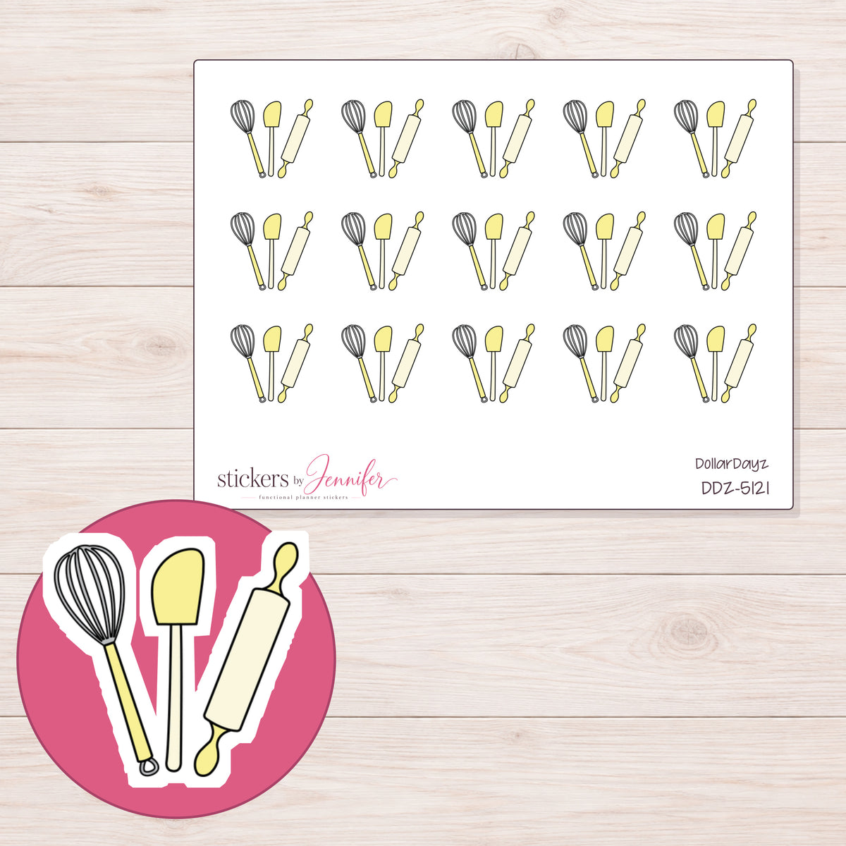 Yellow Baking Utensils Planner Stickers | DDZ-5121 — 4 × 3 inch sheet and enlarged sticker detail