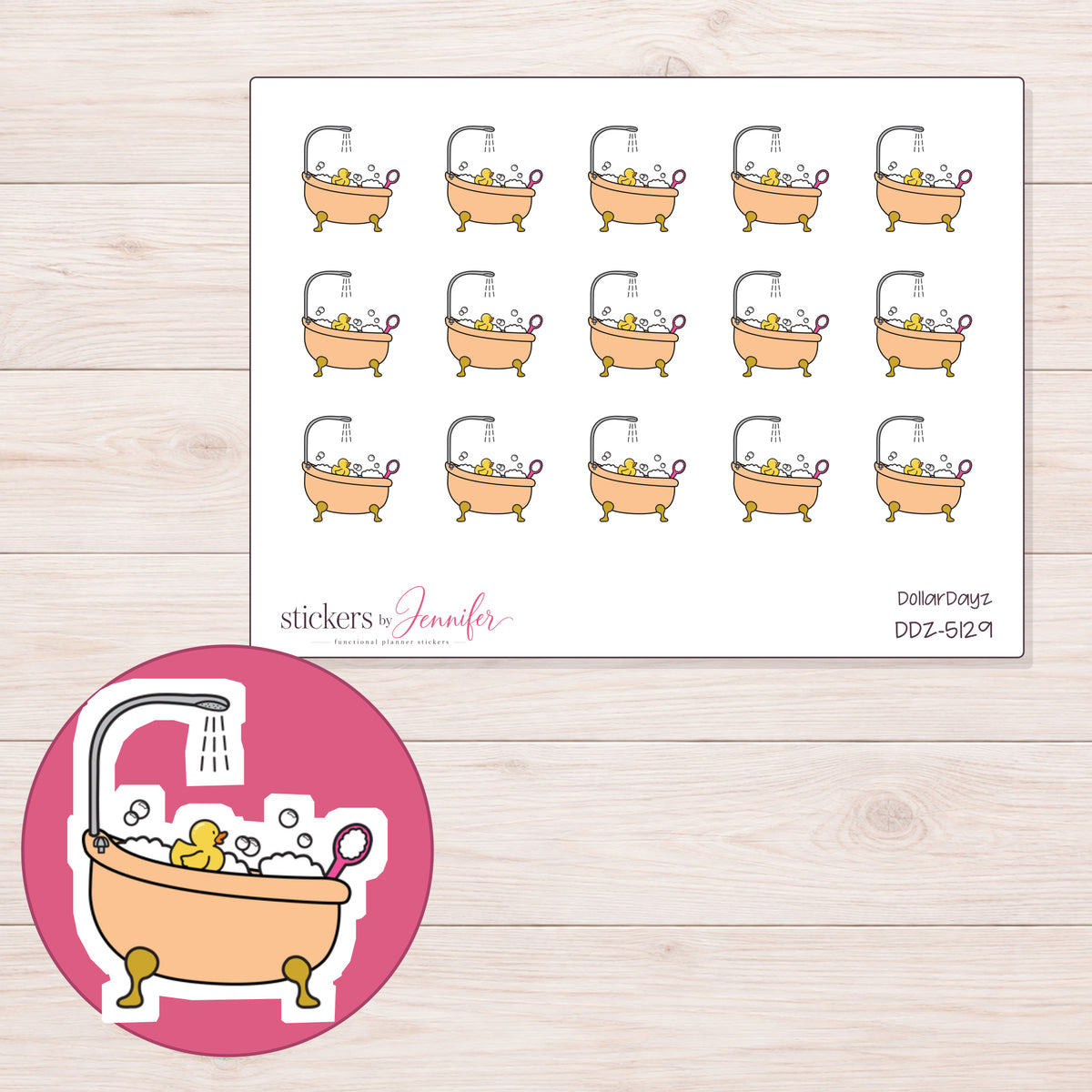 Peach Bubble Bath Planner Stickers | DDZ-5129 — 4 × 3 inch sheet and enlarged sticker detail