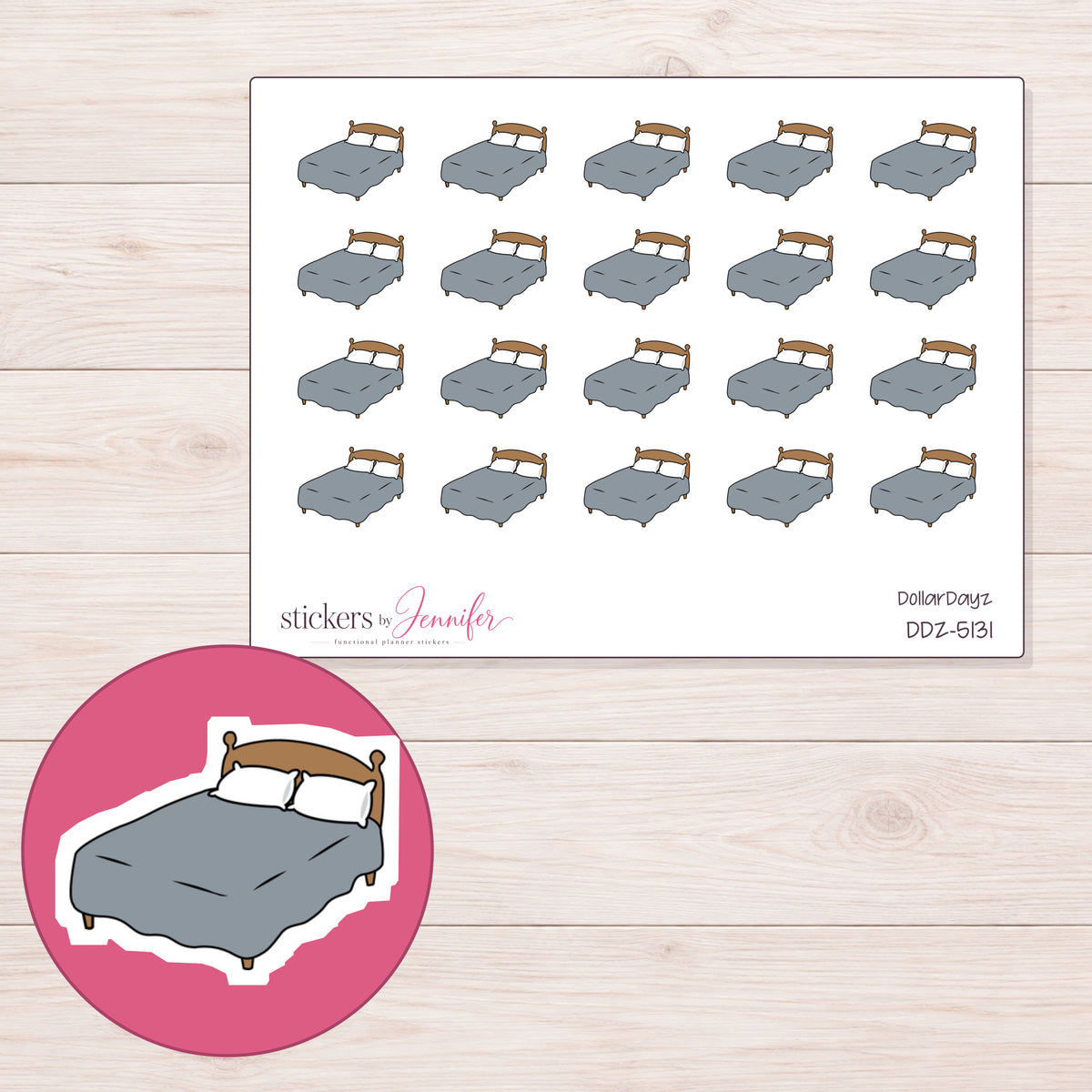 Gray Double Bed Planner Stickers | DDZ-5131 — 4 × 3 inch sheet and enlarged sticker detail