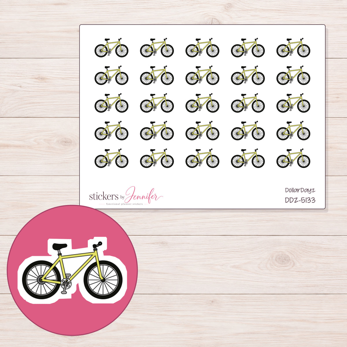 Yellow Bicycle Planner Stickers | DDZ-5133 — 4 × 3 inch sheet and enlarged sticker detail