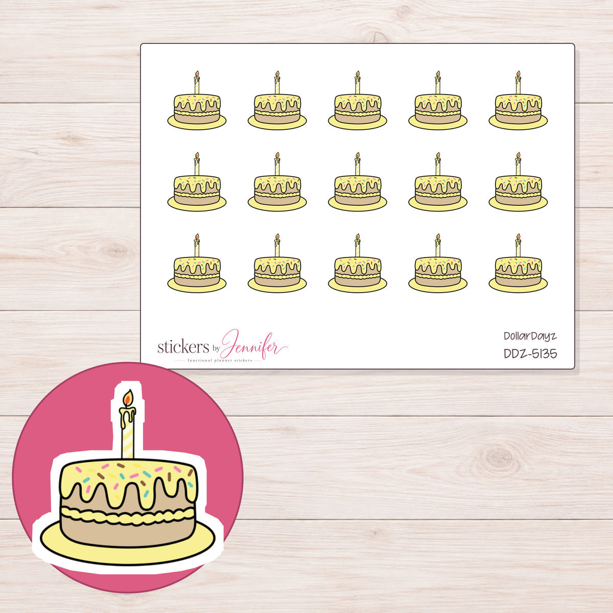 Yellow Birthday Cake Planner Stickers | DDZ-5135 — 4 × 3 inch sheet and enlarged sticker detail