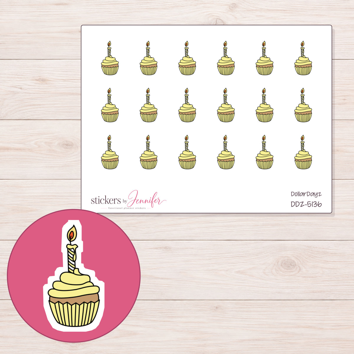 Yellow Birthday Cupcake Planner Stickers | DDZ-5136 — 4 × 3 inch sheet and enlarged sticker detail