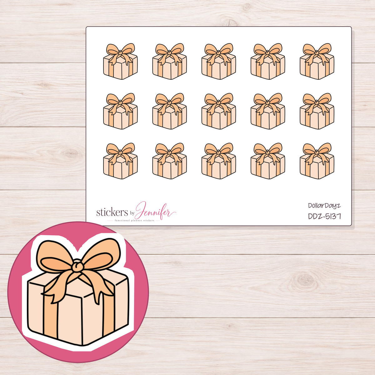 Peach Gift Box Planner Stickers | DDZ-5137 — 4 × 3 inch sheet and enlarged sticker detail